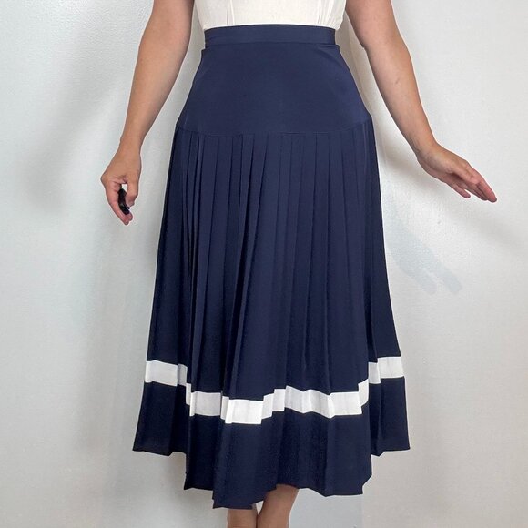 Vintage FRANK OLIVIER Navy Blue Drop Waist Pleated Skirt - Size S - Picture 4 of 10
